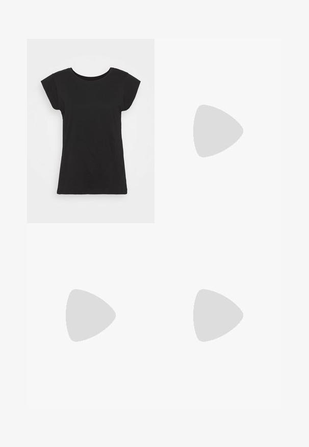 Tricou din bumbac negru cu mâneci scurte tip capac, guler rotund și o croială lejeră. Textură netedă, fără modele sau accente vizibile.; Pantaloni scurți în dungi, de culoare bej deschis și gri închis, cu o țesătură texturată și un design ajustat. Finisați la tiv cu un material asortat.; Steve Madden BATTLE - Cizme cowboy/biker - brown; Ochelari de soare cu chelă de broască țestoasă, având un cadru rotund și voluminos, cu lentile maro. Prezintă modele subtile și brațe drepte, conice.; Geantă de umăr din piele neagră, cu detalii aurii, având două mânere superioare și o curea decorativă cu logo. Suprafață texturată și design structurat.