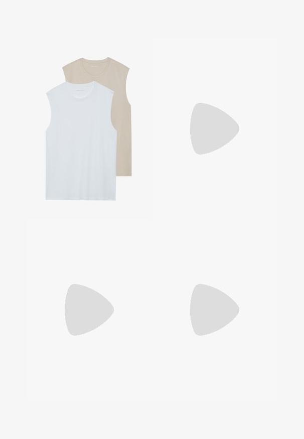 Două tricouri fără mâneci: unul alb, celălalt bej deschis. Ambele au decolteu rotund și sunt fabricate dintr-un material moale, neted, cu o croială lejeră.; Şorturi din bumbac bej cu talie elastică și șnur de ajustare, având două buzunare laterale și o croială lejeră, cu o textură netedă.; Pantof de alergare retro în alb și gri, cu un superior din suede și piele, un logo "N" texturat în gri și o talpă din cauciuc cu tracțiune.; Ochelari de soare negri cu o formă rectangulară, lentile întunecate, accente argintii la tâmple și un finisaj mat pe cadru.