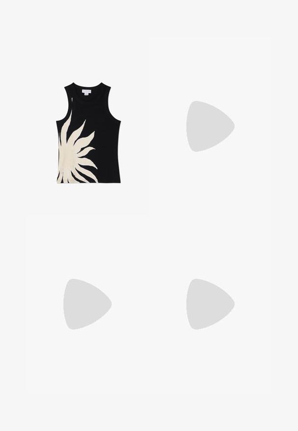 Never Fully Dressed SOL - Débardeur - black; Jupe noire avec un grand motif de soleil blanc sur un côté, texture douce et forme fluide, idéal pour une tenue décontractée.; Baskets de sport vertes avec un mélange de daim et de matériaux synthétiques, trois rayures blanches et une semelle en caoutchouc texturé.; Lunettes de soleil ovales avec des verres verts, monture en métal doré et embouts en plastique marron foncé. Légères avec le logo Ray-Ban visible sur une lentille.; Sac à main plissé jaune en simili cuir lisse, arborant une forme douce avec une bandoulière unique et un design froncé sur le dessus.; Boucles d'oreilles en métal argenté avec un design ondulé et sculptural, présentant une finition polie et des formes irrégulières, mettant en valeur une esthétique contemporaine.