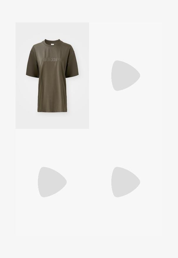Maslinasto zelena pamučna majica s kratkim rukavima i okruglim izrezom, s toniranim "adidas" logotipom duž prsnog dijela. Minimalistički dizajn i glatka tekstura.; Khaki pamučne hlače ravnog kroja s prednjim kopčanjem na gumb, dva bočna džepa i minimalnim brendiranjem sprijeda.; adidas Originals BRMD - Tenisice - hazy green/preloved green; Crne i zlatne naočale s zelenim staklima, u obliku mačjih očiju, s metalnim naglascima i teksturiranim okvirom.