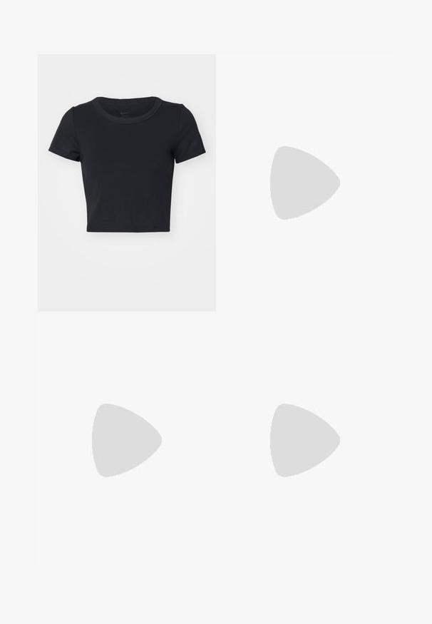 Black cropped T-shirt made of soft, stretchy fabric. Features a round neckline and short sleeves with a simple design.; Light peach compression shorts with a wide elastic waistband featuring "PRO" and "NIKE" branding, and mesh side panels for breathability.; Black athletic shoes with textured fabric, laced design, and a prominent sole, paired with white ribbed socks featuring a small logo.; Black fingerless gloves made of stretchy material, featuring an open palm design, grip accents, and the Nike logo in white.