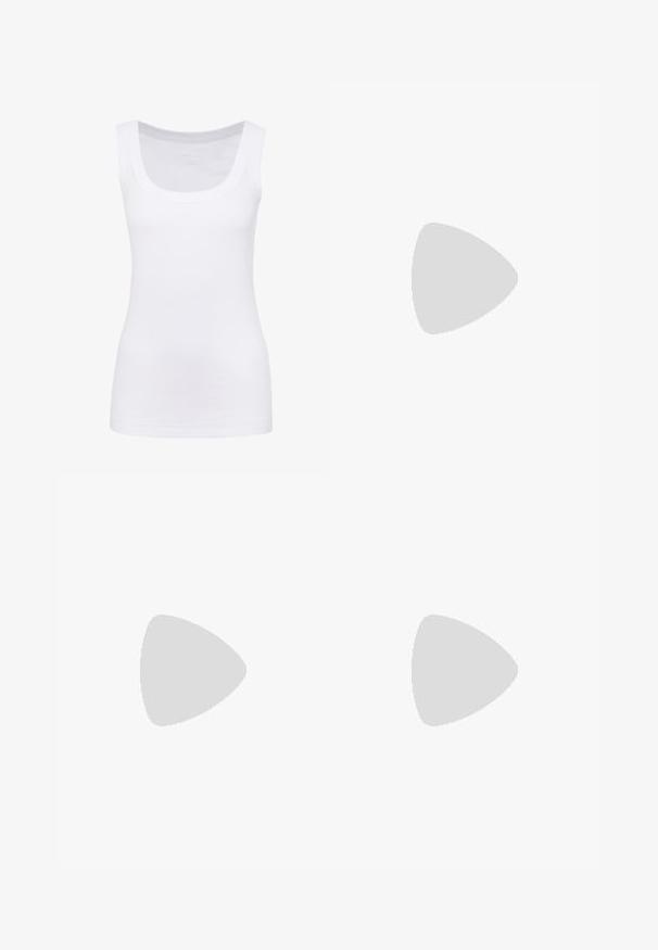 Hvit ermeles tank-top laget av glatt stoff, med rund hals og en tettsittende silhuett. Ingen synlige mønstre eller detaljer.; Røde vid legs bukser laget av glatt stoff, med frontfolder, flat linning og skreddersydd passform. Designet fremhever en flytende silhuett.; Hvite og beige sneakers med en glatt overdel med semsket skinn-detaljer, en teksturert såle og tonede sømmer. Snøring med logo-detalj.; Sølvmetalløreringer med avrundede former, en polert overflate og subtile graveringer av merket "BOSS" på de nederste delene.
