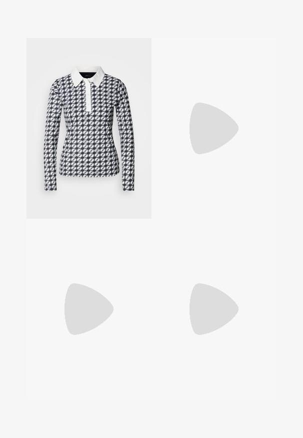 Polo a maniche lunghe con motivo pied de poule in navy e bianco. Presenta un colletto bianco e una fila di bottoni, realizzato in un tessuto morbido.; Pantaloni a gamba larga in cotone beige chiaro. Caratterizzati da vita alta, tasche anteriori e un taglio dritto. Orlo pulito senza motivi.; Sneaker bianca con finitura liscia, accentuazione nera sul tallone e design con lacci. Presenta il marchio "Calvin Klein" sul lato. Stile minimalista.; Orecchini in metallo argento caratterizzati da forme arrotondate, con una finitura lucida e delicate incisioni del marchio "BOSS" nelle sezioni inferiori.