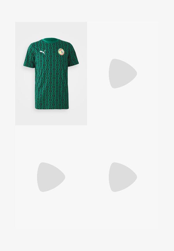 Zaļš īsām piedurknēm T-krekls, kas izgatavots no auduma ar ģeometrisku melnu rakstu, ar Puma logo un apļa emblēmu uz krūts.; Melnas bikses, izgatavotas no izturīga auduma, ar taisnu kāju dizainu, jostu ar cilpiņām un šuvēm papildu tekstūrai.; Puma kedas baltā un melnā zamšā, ar brūnu gumijas zoli. Pāris ar baltām zeķēm, kurās redzams melns logo, nēsātas ar tumšām biksēm.; Zelta ķēdes kaklarota ar lielām savstarpēji savienotām saitēm, centrā ar apaļu piekari, kurā ir izcelts emblema.
