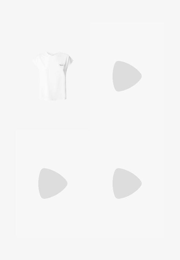 Valkoinen puuvillapaita lyhyillä hihoilla, pyöreällä kaula-aukolla ja vasemmassa rinnassa pieni painettu kuvio, jossa on tähtiä ja tekstiä.; Vaaleansiniset farkut, joissa on leveät lahkeet, polvileikkaukset, revityt lahkeensuut ja korkea vyötärö. Edessä nappi- ja vetoketjukiinnitys, klassinen viisi taskua -design.; Mustat patentoitu nahkakengät, joissa on säären takaosa ja terävä kärki, sekä geometrinen palikkakorko. Sisältää tyylikkään, minimalistisen muotoilun ja sileän pinnan.; Musta nahkainen käsilaukku, joka on kaareva muotoilultaan, irrotettavalla hihnalla ja kultaisilla yksityiskohdilla. Laukussa on läppä, jossa on solk yksityiskohta.