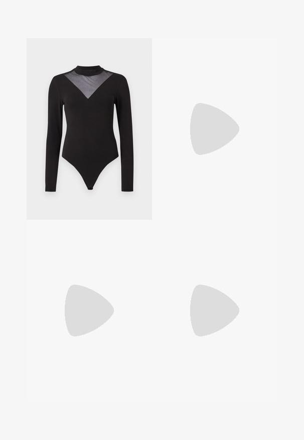Black long-sleeve bodysuit with high neck and sheer mesh V-shaped panel adorned with small sparkles on the chest.; Black leather pants with a smooth texture, straight fit, elastic waistband, and a front button closure; pleated detailing and tapered legs.; Black leather ankle boots with a rounded toe, featuring a decorative buckle and studs on the strap, and vertical ribbed detailing.; Silver metallic heart-shaped handbag with dual handles, chain strap, and smooth texture. Features metal hardware and stitched edges.