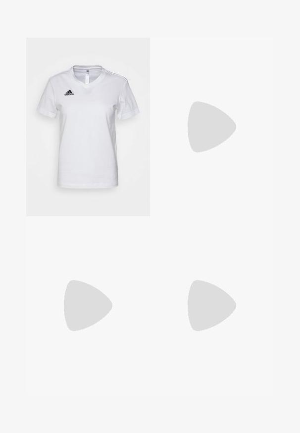 T-shirt de algodão branco com um design de decote em V, mangas curtas e um logo preto da Adidas na área do peito esquerdo. Textura suave, ajuste clássico.; Calções de ganga com um cós elástico cinza, apresentando um cordão de ajuste. O design inclui bolsos laterais e uma aparência em blocos de cor.; Sandal de barco em couro castanho com ilhós dourados, atacadores redondos e uma sola de borracha castanha texturizada. Apresenta detalhes costurados e um logótipo em relevo.; Óculos de sol redondos, com uma tonalidade castanha e uma armação glossy em bordeaux. Braços finos com um detalhe discreto de marca. Design de lentes planas.