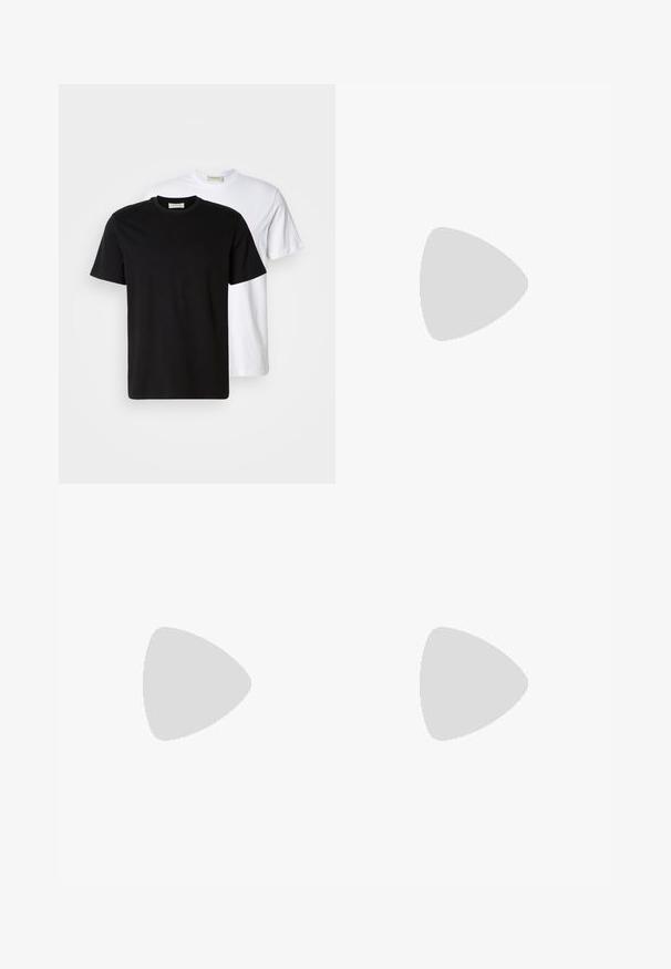 Due t-shirt di cotone semplici, una nera posizionata davanti a una bianca, entrambe con maniche corte e scollature rotonde.; Pantaloni in cotone beige con taglio dritto, dotati di chiusura a bottone e pence sul davanti per un tocco di dettaglio in più.; Espadrillas in tela nera con punta rotonda, caratterizzate da una suola in juta intrecciata e dettagli di cucitura lungo il bordo della suola.; Valigetta in pelle nera con finitura texture, maniglie doppie, tracolla removibile e dettaglio logo frontale. Chiusura a zip.