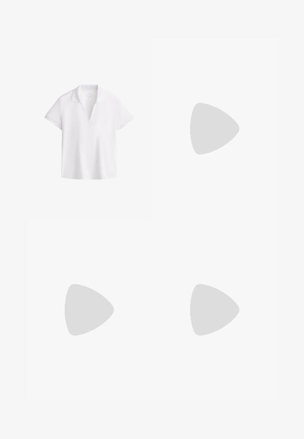 Weißes Polohemd mit kurzen Ärmeln und offenem V-Ausschnitt, aus glattem Stoff, auf einem weißen Hintergrund präsentiert.; Teal hoch geschnittene Leggings aus geripptem Stoff. Hat eine glatte Textur und ein kleines Logo an der linken Hüfte. Keine Muster oder Verzierungen.; Adidas Gazelle Sneaker aus mintgrünem Wildleder mit weißen Akzenten, Schnürverschluss und einer Sohle aus Gummi. Mit drei weißen Streifen.; Schwarze Lederhandtasche mit strukturiertem Design, oberem Griff und einem goldenen Metallschnappverschluss auf der Vorderseite. Glatte Textur, minimale Nähte.