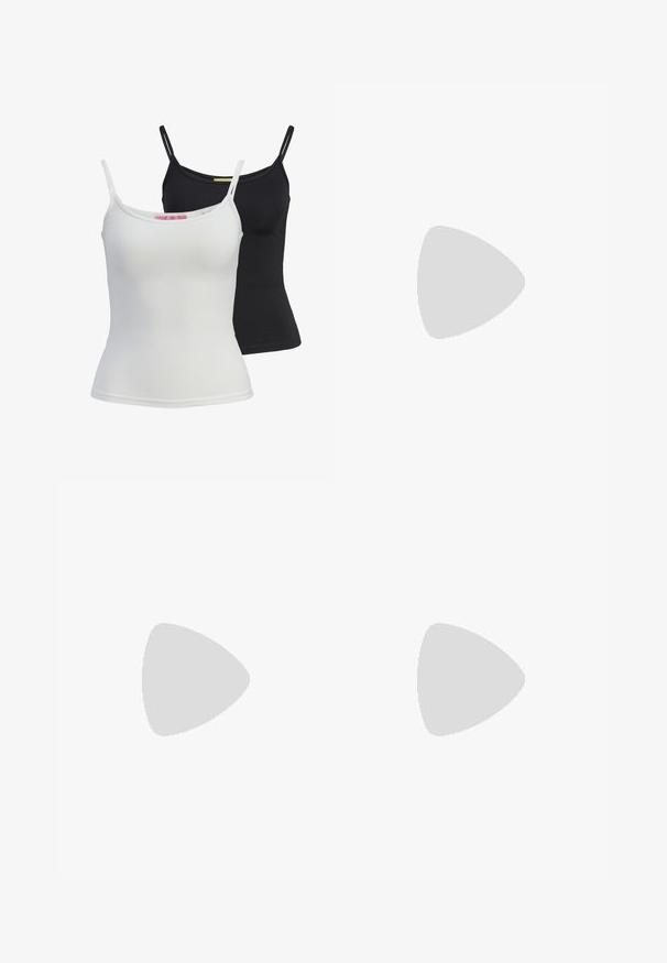 To grunnleggende tank-topper i svart og hvit, laget av et glatt, elastisk stoff. Har tynne stropper og et enkelt, tettsittende design.; Svart midi skjørt laget av glatt stoff, med en tettsittende silhuett, sidespalter og strikk i midjen for komfort.; Svart flip-flop med teksturert gummisåle, to slanke stropper og en subtil, preget logo på stroppen.; Liten svart blank skinnsnørepose med korte håndtak på en lys grå bakgrunn.