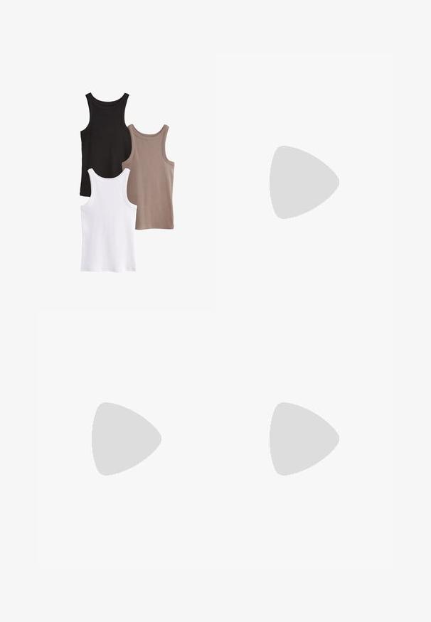 Drei Trägershirts in Schwarz, Weiß und Taupe. Jedes hat eine gerippte Struktur, einen runden Halsausschnitt und keine Verzierungen.; Oranger Wickelrock mit goldenen Punkten, Rüschensaum und seitlichem Bindeband. Hergestellt aus leichtem Stoff, mit glatter Textur.; Goldene, metallische High-Heelsandale mit einer Kriss-Kross-Riemen-Design, Fesselriemen mit Schnalle und einem glänzenden Blockabsatz. Quadratische Zehenform.; Goldfarbene Drawstring-Handtasche mit einem runden Griff, verziert mit glänzenden runden Pailletten und einem strukturierten Stoff. Abmessungen sind nicht angegeben.