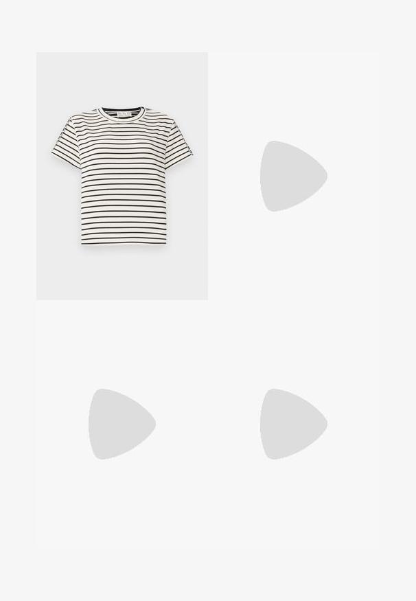 Camiseta de algodón de manga corta con cuello redondo, que presenta rayas verticales negras sobre un fondo blanco y un diseño de corte recto.; Pantalones de pierna ancha beige hechos de tela ligera. Presentan un frente plano, dos bolsillos laterales y un acento en forma de triángulo en tono dorado en la cinturilla.; Bailarina de piel negra con punta redondeada, textura suave, detalle de costura minimalista y diseño de suela flexible.; Bolso de mano de cuero marrón con cierre de solapa, herrajes en tono dorado, correa para el hombro y una textura suave. Forma rectangular compacta.