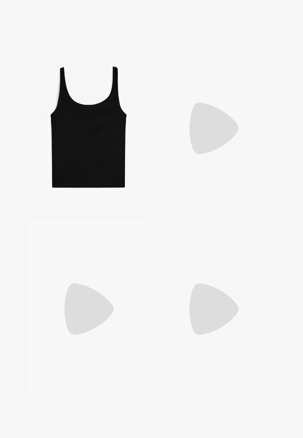 Black tank top with a scoop neck and narrow straps. Made of smooth, stretchy fabric with a fitted shape and no additional patterns or embellishments.; Light beige, loose-fitting trousers with an elastic waistband and drawstring. Features two side pockets and a smooth texture.; Brown leather sandal with a cross-strap design, flat black sole, and adjustable back strap. Smooth texture and minimal hardware details.; Black leather shoulder bag with a smooth texture, curved shape, adjustable strap, and a zip closure. Minimalist design without embellishments.