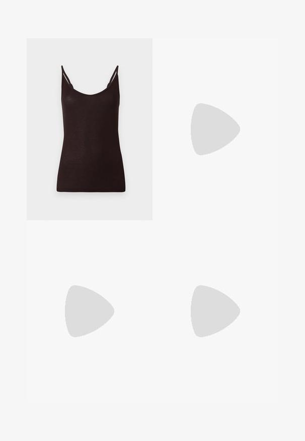 Black tank top with thin straps, ribbed texture, and a scoop neckline. Material appears soft and fitted, with minimal seams and no patterns.; Beige sleeveless cropped top with front buttons and two pockets, paired with high-waisted, wide-leg trousers featuring pleats. Smooth fabric.; Black strappy sandal with a square toe and a low block heel. Features multiple thin straps and an adjustable ankle strap. Made of smooth leather.; Black leather crossbody bag featuring a smooth texture, rectangular shape, and a metallic chain detail on the front. Adjustable strap included.
