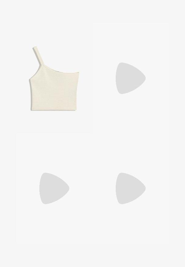 White, one-shoulder crop top made of textured knit fabric. Features a single strap and a straight hem, with subtle ribbed detailing.; Dark brown wide-leg trousers with a high waist, featuring a single button closure and a pleated front. Made from lightweight fabric.; Black platform slide sandals with a smooth leather upper, wide strap, and a chunky rubber sole, featuring a matte finish and contoured shape.; Brown leather crossbody bag with a curved shape, gold hardware, and a buckle accent. Features a detachable shoulder strap.