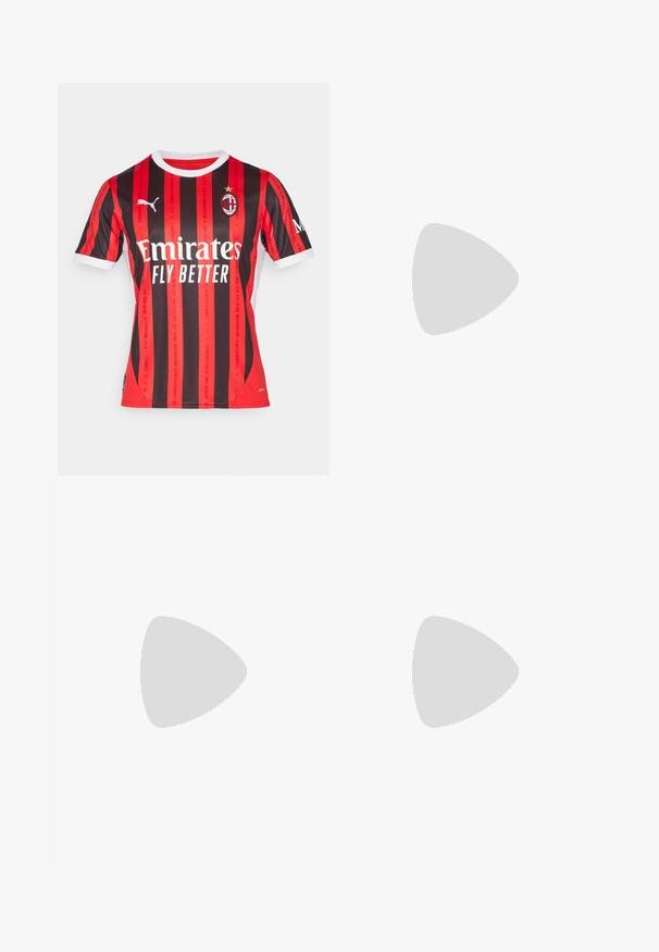 Rdeča in črna prugasta nogometna majica s belim ovratnikom. Na prsih se nahaja logo Puma, besedilo "Emirates Fly Better" in grb kluba AC Milan.; Črne hlače iz trpežnega blaga, z ravnim krojem, pasom z zankami za pas in šivi za dodano teksturo.; Puma superge v beli in črni usnjeni izvedbi, sročene s rjavim gumijastim podplatom. Usklajene z belimi nogavicami z črnim logotipom, nosijo se s temnimi hlačami.; Zlata verižica z velikimi medsebojnimi povezavami, ki ima v središču krožni obesek z izbočenim grbom.