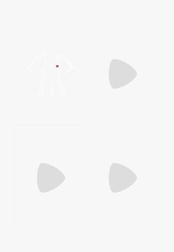 Camiseta de algodón blanca con mangas cortas, que presenta un pequeño diseño de corazón rojo en la parte izquierda del pecho. Estilo clásico de cuello redondo.; Pantalones deportivos amarillos con rayas laterales negras y una cintura elástica. Hechos de un material suave y ligero. Presenta un logo en el muslo.; Zapatillas metálicas plateadas con cordones blancos y tres rayas blancas, combinadas con pantalones negros a rayas. Suela de chicle en la parte inferior.; Bolso metálico plateado con un diseño elegante y estructurado, que presenta un cuerpo texturizado, una correa de hombro y un acento de logotipo en relieve.
