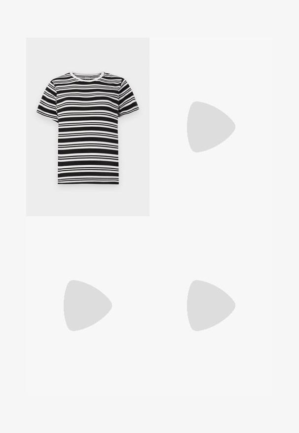 Camiseta de manga corta en blanco y negro con rayas horizontales de diferentes anchos y un clásico cuello redondo. Tejido de algodón suave.; Maje PROMESSA - Vaqueros bootcut - blue; Zapato de tacón puntiagudo de cuero negro con tira en el tobillo y tacón ancho. Textura plana, diseño elegante y estética minimalista.; Bolso tote de cuero negro con textura lisa, forma rectangular y dos asas largas. Sin herrajes ni adornos visibles.