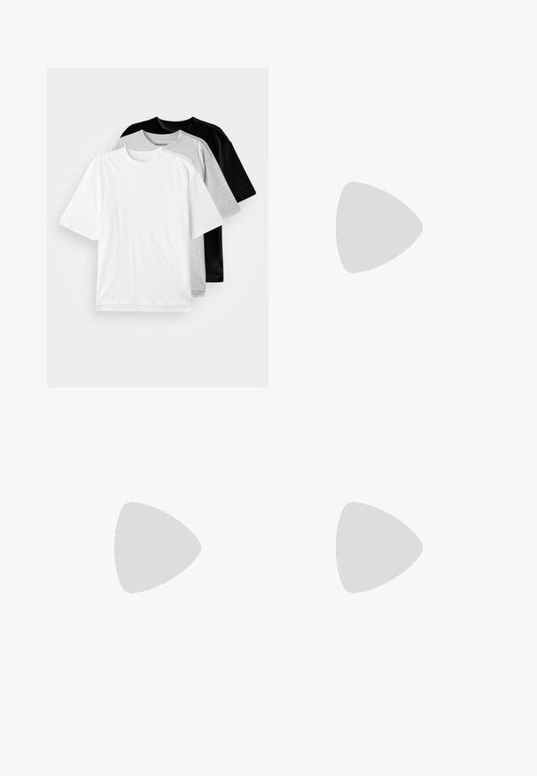 Tri kratke majice s kratkim rukavima u bijeloj, sivoj i crnoj boji. Svaka ima klasičan okrugli izrez i glatku, pamuk sličnu teksturu.; Bež cargo hlače napravljene od laganog materijala, sa elastičnom strukom, bočnim džepovima i dugmadom na gležnju. Sadrže otisnuti tekst.; Srebrno-crna atletska cipela s gornjim dijelom od mrežice i sintetičkog materijala, voluminoznog dizajna i teksturirane završne obrade. Ima podstavljen ovratnik i gumu potplat.; Bijele sunčane naočale s okruglim okvirima i tamnim lećama. Imaju glatku plastičnu teksturu i mali logotip na ručki.