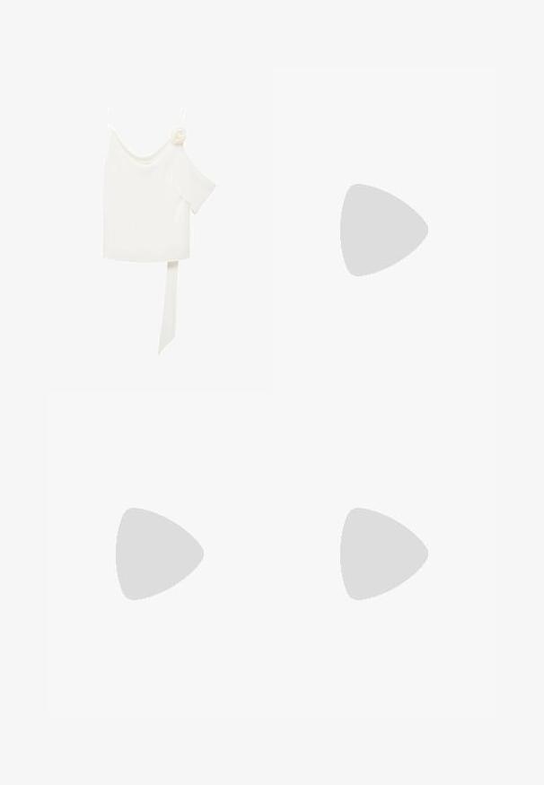 White blouse with a one-shoulder design, featuring a floral accent on one side and a long, tied panel at the waist. Smooth texture.; Wide-legged trousers in a light cream color. Made from a smooth fabric with pleats at the front and side pockets.; Beige open-toe mule with a glossy finish, block heel, and metallic accent; smooth texture with a minimalist design.; Tortoiseshell eyeglasses with oval lenses and a sleek, smooth finish. Features thin sides with a subtle curve at the temples. Clear lenses.