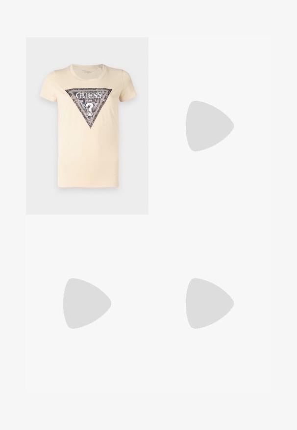 Κρεμ T-shirt με τριγωνικό λογότυπο σε μαύρο και ασημί χρώμα τυπωμένο στο κέντρο με λεπτομέρεια ερωτηματικού. Μαλακό βαμβακερό υλικό.; Μαύρη ριγέ μίνι φούστα με εφαρμοστή σιλουέτα, λείο ζωνάκι και σχέδιο μέχρι το γόνατο. Κατασκευασμένη από ελαστικό, υφαντό ύφασμα.; Μαύρες δερμάτινες γόβες slingback με μυτερή μύτη, λεπτό τακούνι και διακοσμητική αγκράφα στο επάνω μέρος. Λείος υφής και κομψός σχεδιασμός.; Μαύρη και λευκή ριγέ τσάντα χειρός με δομημένο σχήμα, που διαθέτει επάνω λαβή, αποσπώμενη αλυσίδα και μεταλλικό λογότυπο.