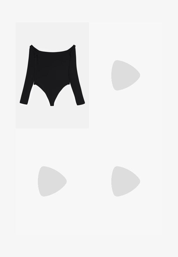 Bodysuit noir à manches longues avec un décolleté dénudé, texture lisse et une coupe haute au niveau des jambes avec des détails de ruching sur les côtés.; Pantalons larges avec un motif dégradé en rouge, orange, jaune et vert. Fabriqués en tissu lisse et léger avec une taille élastique.; Escarpin à talon slingback en cuir noir, avec un bout pointu, un design minimaliste, une fine bride de cheville et un talon aiguille élégant. Texture lisse.; Sac à main en cuir noir avec une forme arrondie, doté d'un fermoir ovale doré proéminent, d'une sangle réglable et d'un design minimaliste.