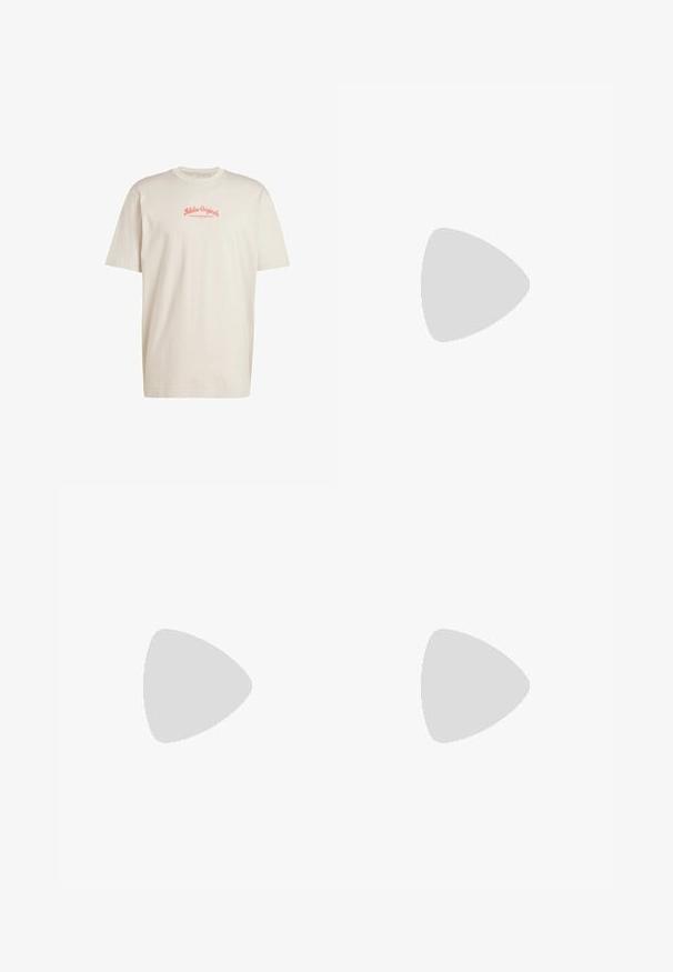 Tricou din bumbac bej cu guler rotund și mâneci scurte, având logo-ul "Adidas Originals" în coral deasupra textului "Produse Sportive Superioare."; Pantaloni scurți negri din bumbac cu talie elastică, detaliu cu șnur și accente de text galben pe partea stângă jos.; Adidași negri și albi cu un superior din suede și piele, prevăzuți cu trei dungi albe, un vârf perforat și o talpă din cauciuc caramel.; Geantă de umăr din material textil negru, cu închidere cu fermoar, având un logo Adidas alb și o curea ajustabilă cu dungi pentru o transportare ușoară.