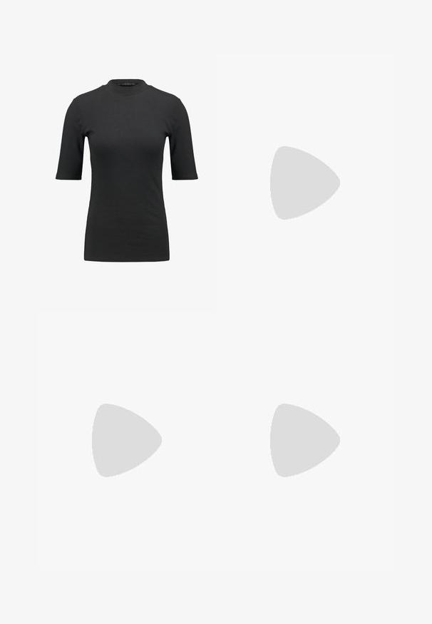 Črna rebrasta majica s high neckline in kratkimi rokavi. Gladek, oprijet dizajn brez vzorcev ali vidnih kovinskih delov.; Bež hlače s ravnim krojem, ki imajo dva sprednja pregiba, ravno sprednjo zasnovo in gladko, lahko tkanino.; Črne usnjene balerinke s koničastim nosom, nastavljivim trakom in nizko peto; gladka tekstura z minimalističnim dizajnom.; Srebrne uhane v obliki obroča z minimalističnim dizajnom. Krožna oblika, gladka tekstura in tanek profil. Lahki s poliranim zaključkom.