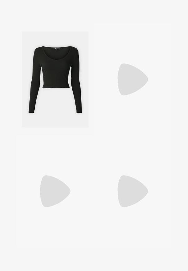 Musthave musta pikkade varrukatega crop top, mis on valmistatud soonikkangast ja millel on sügav V-kujuline kaelus. Omab vormitud varrukaid ja siledat tekstuuri.; Mustad mustad teksad. Ees on nööp sulgemine ja sirge tasku vööl. Sile tekstuur minimaalsete plekkidega.; Mustmustest must-käigukingad, millel on konksuga nöör ja paks konts. Ühtlane tekstuur, stiilne disain ja minimalistlik esteetika.; Kuldse värvi kõrvarõngad, mis on kaunistatud tekstuursete ja laineliste kujunditega. Komplektis on skulpturaalsed klamber kõrvarõngad ja avatud rõngasdisain, millel on lõhestatud viimistlus.