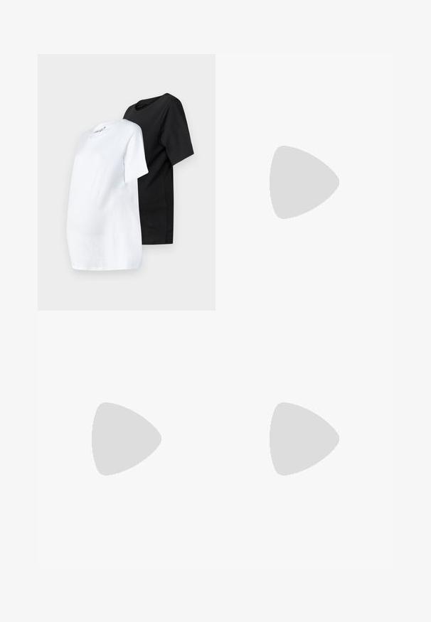 Dos camisetas de maternidad de manga corta: una blanca y una negra. Ambas están hechas de algodón, tienen un cuello redondo y un corte relajado.; Falda de maternidad en azul marino, hecha de una tela suave y elástica. Cuenta con una cinturilla alta y un diseño fluido en A.; Zapatilla deportiva de color beige claro con suela gris, logo "N" en gris oscuro y detalles en color marrón, vista desde el lado izquierdo sobre un fondo blanco.; Bolso mensajero negro hecho de material suave, con solapa plegable, herraje de cierre plateado y correa de hombro ajustable.