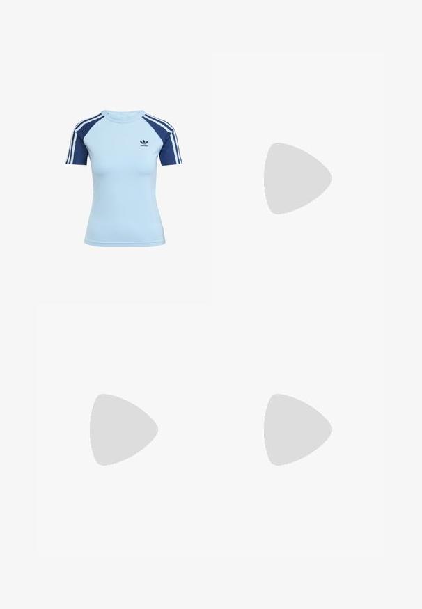 Svetle modré tričko s krátkým rukávem a námořnickými raglánovými rukávy se třemi bílými pruhy. Na hrudi se nachází logo Adidas. Elastický, přiléhavý střih.; Modré džíny s mixem tmavě a světle modrých odstínů, se stahovací šňůrkou v pase a volným širokým střihem.; Světle modré lodičky na tenkém podpatku s špičatou špičkou, které mají růžový volán a světle modré akcenty.; Pilotské sluneční brýle s modrými gradientními skly, stříbrným kovovým rámem a dekorativními hvězdnými akcenty na sklech. Hladký a elegantní design.