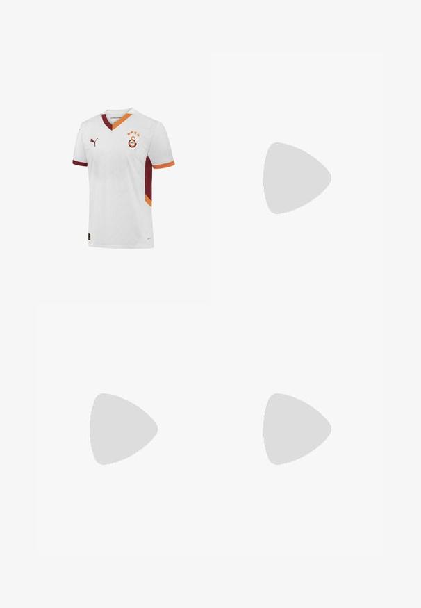 Fehér futballmez piros és narancssárga díszítéssel. V-nyakú, klublogóval rendelkezik, és hullámos mintázatú textúra fut végig az anyagon.; Beige egyenes szárú nadrág, egy fekete gombbal, övhurkokkal és oldalzsebekkel. Sima szövettextúra és minimális design.; ALDO LUTON - Sportcipő - white; Ezüst tónusú fém nyaklánc, csavarodott lánc dizájnnal és egy kör alakú, fényes felületű medállal.