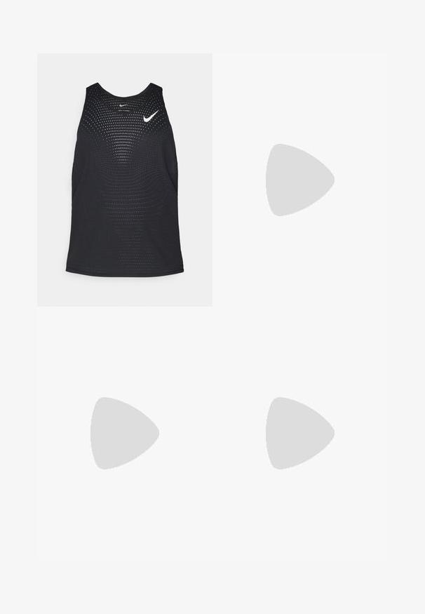 Melnā sporta bezsleeve tops ar perfojumu un apaļu dekoltē. Uz krūtīm ir balts Nike logos.; Melnas sporta šortas ar pieguļošu dizainu, ar teksturētu jostu, regulējamu auklu un diskrētu logotipu apakšējā kājā.; Balta sporta apava ar zaļu akcentu, melnu logo, sietiņu augšu, mīkstu zoli un noapaļotu papēdi. Iekļauj lences un kontrastējošas detaļas.; Melnas taisnstūra formas saulesbrilles ar tumšajiem stikliem, platais rāmis un slaidās melnās kājas. Uz tempļiem ir redzams logotips. Gluda tekstūra.