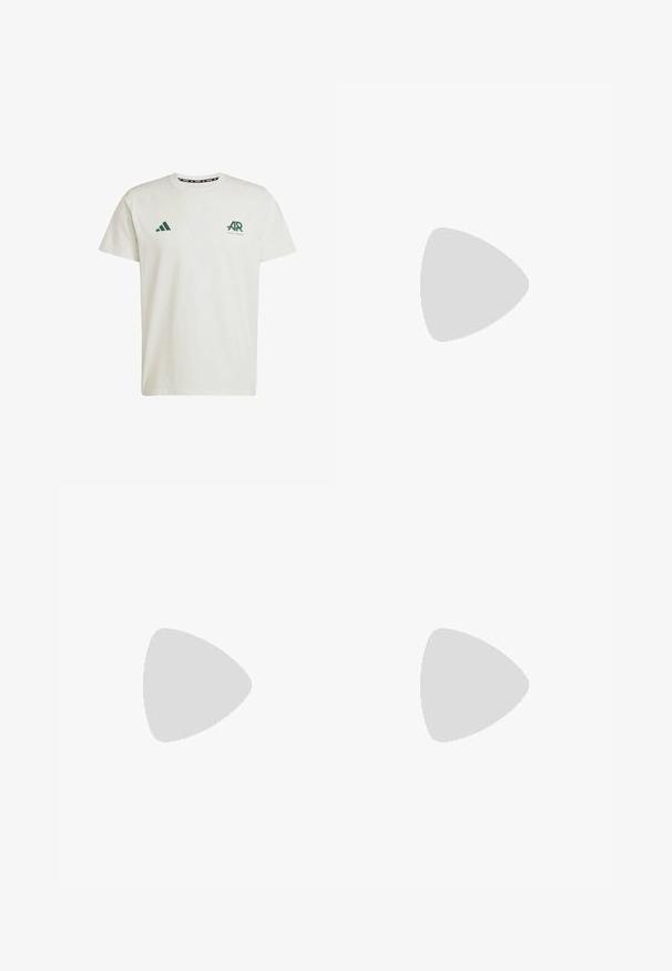 T-shirt en coton blanc à manches courtes, avec un logo Adidas vert et du texte sur la poitrine gauche et un logo triangle vert sur l'épaule droite.; Shorts de sport rouges avec une taille élastique, bandes latérales blanches et accents blancs à l'ourlet. Présente le logo Adidas en blanc.; Baskets de sport légères avec une tige en mesh crème, des rayures grises, un accent vert et un contrefort de talon texturé bleu. Lacets noirs.; Sac en bandoulière en tissu noir avec surface texturée, logo blanc, accents verts, sangle réglable et poche zippée à l'avant. Forme compacte et triangulaire.