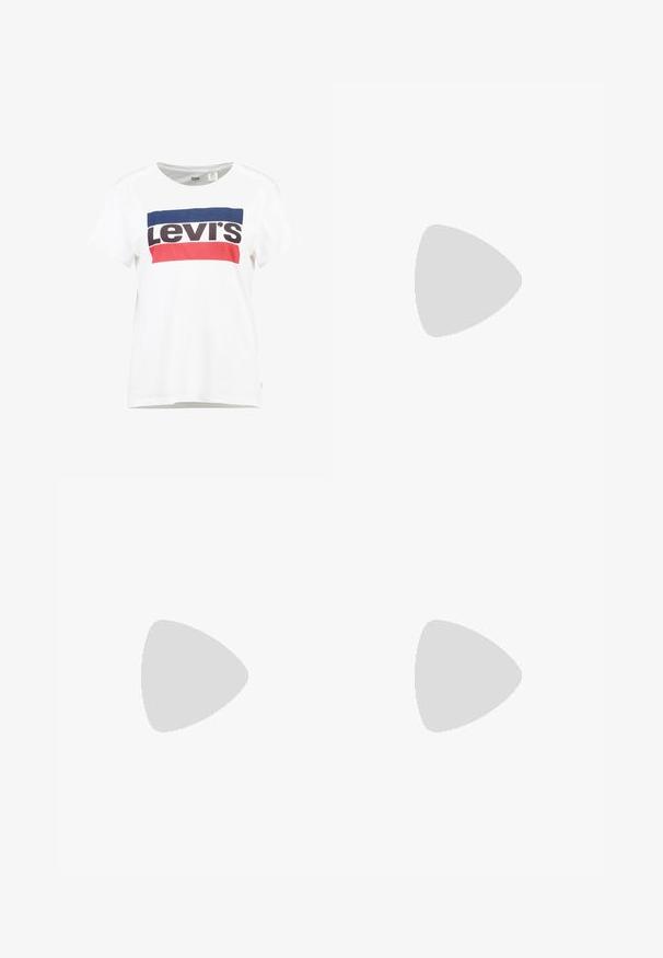 Camiseta de algodón blanca con mangas cortas y cuello redondo, que presenta un diseño central del logo de Levi's en azul, rojo y negro.; Morgan PARDA - Vaqueros pitillo - jean brut; Zapatillas de plataforma blancas con una textura de cuero suave, detalles perforados y cordones planos; cuentan con una suela de goma blanca gruesa.; Funda de tela beige con forma redondeada, que presenta una parte superior plana y detalles de costura sutiles. Incluye un logotipo minimalista y una correa lateral.
