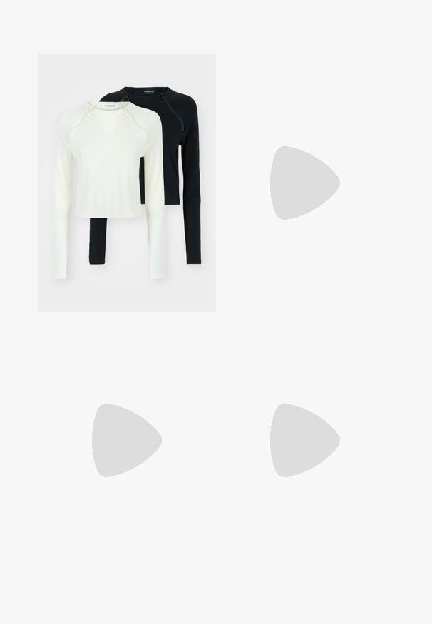 Dos blusas de manga larga, una en blanco y una en negro. Ambas presentan escotes redondos y cremalleras decorativas en el hombro. Tela suave.; Falda en línea A a cuadros marrón y blanco con cintura fruncida, hecha de un tejido ligero, que presenta un sutil patrón texturizado.; Sandalias negras de charol con tacón alto, dos correas con hebilla, punta cuadrada y tacón grueso, con una textura lisa y brillante.; Bolso de piel negra con forma curva, correa desmontable y herrajes dorados. El bolso cuenta con una solapa con un detalle de hebilla.