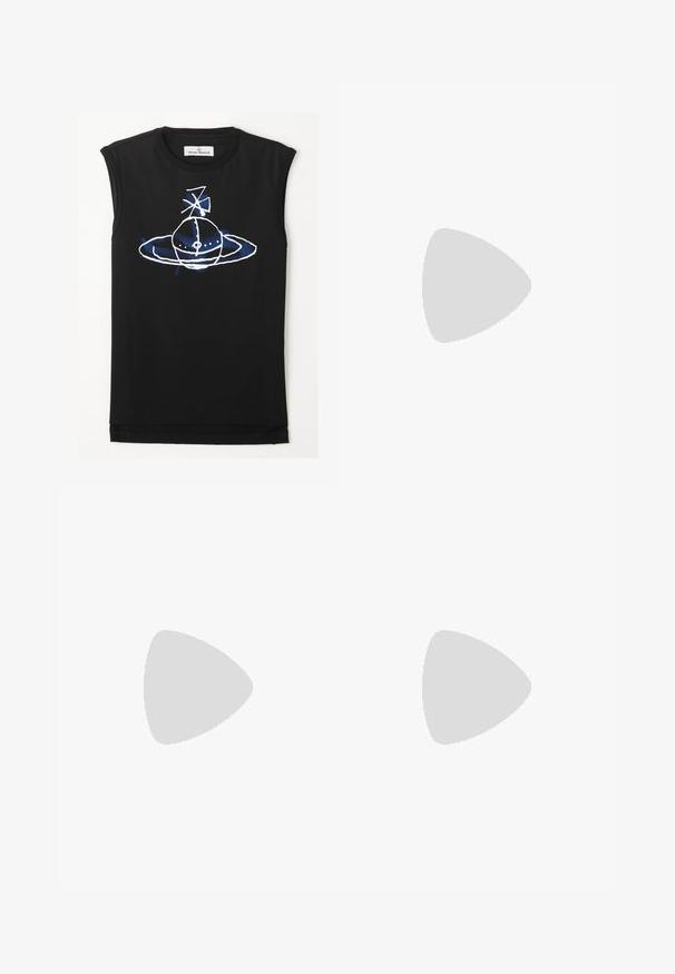 Black sleeveless top featuring a blue and white graphic design of a planet-like figure with rings and satellite elements. Soft cotton material.; MM6 Maison Margiela PANTS POCKETS - Straight leg jeans - medium blue; Stuart Weitzman BANKS - Slip-ons - black; Black pouch with textured fabric, featuring a red patch with logo, zip closure, and a gray strap with embossed brand name.