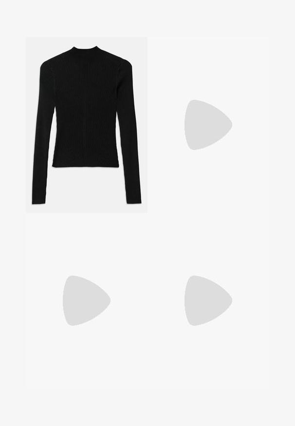 Black ribbed long-sleeve top with a high neck and fitted silhouette, featuring vertical texture and seam detailing at the shoulders.; White linen shorts featuring a flat waistband, pleated front design, and a metallic logo accent at the center front.; Black leather slingback shoe with a pointed toe, decorative straps featuring metal eyelets, and a low block heel. Textured surface.; Black leather bucket bag with a textured finish, gold hardware accents, and an open top. Features a short handle and adjustable shoulder strap.