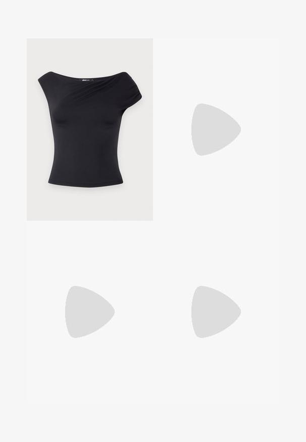 Juoda off-shoulder palaidinė, pagaminta iš tamprios medžiagos. Siūlo prigludusią siluetą, švelnų tekstūrą ir elegantišką drapiruotę priekyje.; Šviesiai mėlynos džinsinės kelnes su plačiais sijonais ir aukštu juosmeniu, su dvigubu mygtuko uždarymu ir subtiliomis siuvimo detalėmis. Bendrai glotni tekstūra.; Balti aukštakulniai drobės sportbačiai su juodu guminio pado, priekinio guminio piršto dangteliu ir šešiais akytėmis raištams, pasižymintys švariu, minimalistiniu dizainu.; Even&Odd Rankinė - off-white
