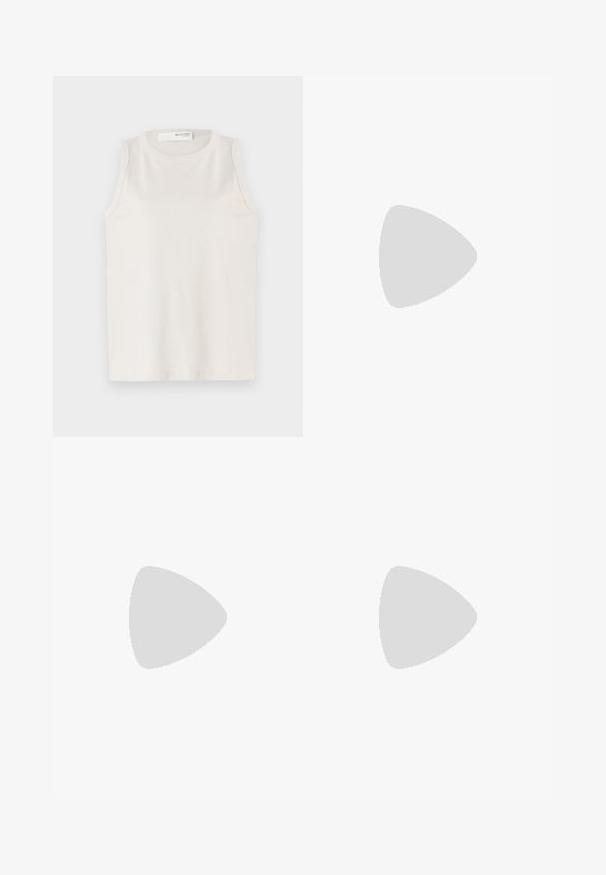 White sleeveless top made of soft, smooth fabric. Features a round neckline and simple design with no embellishments or patterns.; White flared jeans made from denim, featuring a high waist, two front pockets, and silver button accents on a plain background.; Beige heeled sandals with a block heel, strappy design, and adjustable ankle strap, made of smooth synthetic material with a matte finish.; White leather shoulder bag with a smooth finish, rectangular shape, flap closure, and an adjustable strap. Simple stitching detail.