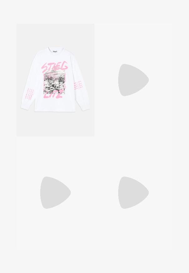 Balts garām piedurknēm T-krekls ar grafisko apdruku, kas satur melnbaltus attēlus un rozā tekstu, tostarp "STIEGLITZ" un atkārtojošos frāzes uz piedurknēm.; Gai zilgani džinsi ar taisnu kāju dizainu, piecu kabatu stilu, ar vienu pogu aizdari un izšūti dekoratīvi elementi gar šuvēm.; Baltas ādas sporta apavi ar gaiši ziliem akcentiem, pelēka zamša purngala un brūnas gumijas zole. Iezīmē trīs zilas svītras un "Samba" zīmolu.; Melnas saulesbrilles ar brūnā tonītiem stikliem; taisnstūra forma ar biezu rāmi, ieskaitot smalku aparatūru akcentu uz tempļiem.