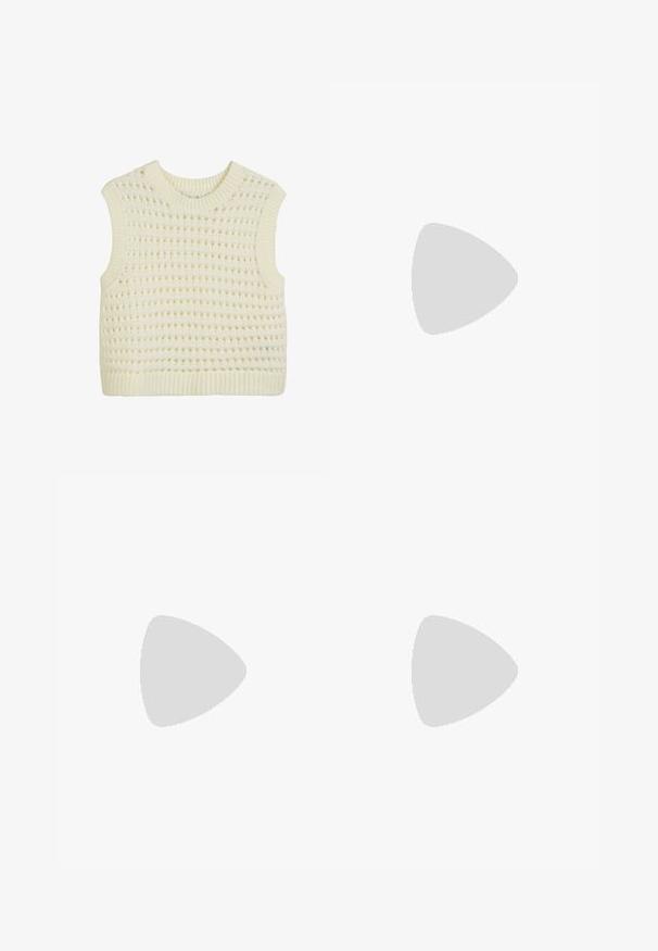 Uten ermer strikket tanktop i kremfarge, med et teksturert åpent vevmønster og ribbestrikket hals og kant.; Høyt liv svart vide bukser med to store svarte knapper i livet.; Sorte lærstøvler med tykke såler og to sølvspenner, brukt med svarte bukser mot en lyseblå gulv.; Svart lærryggsekk med doble glidelåser, rund form og gullakenter. Modell i hvit strikket vest, sittende i rullestol.; Seks par gullringe arrangert etter størrelse i to kolonner på en hvit bakgrunn, med et glatt, solid design.