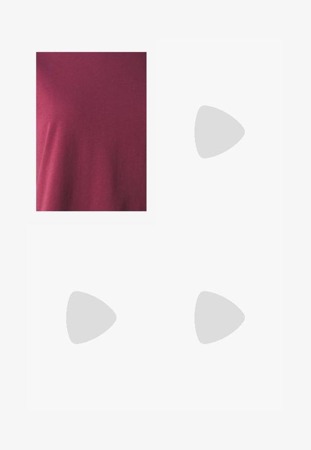 Maroon cotton t-shirt featuring a smooth texture and a basic crew neck design, with a fitted silhouette and minimal detailing.; Dark blue flared jeans made of denim, featuring a high waist, five pockets, and a button closure, with a slight fade in color on the thighs.; White high-heeled sandal with a chunky heel, featuring a strappy design and ankle tie. Smooth texture with a platform front for added height.; Brown leather tote bag with a wide, structured shape, thin handles, and a textured finish. Features minimalistic design with no visible hardware.