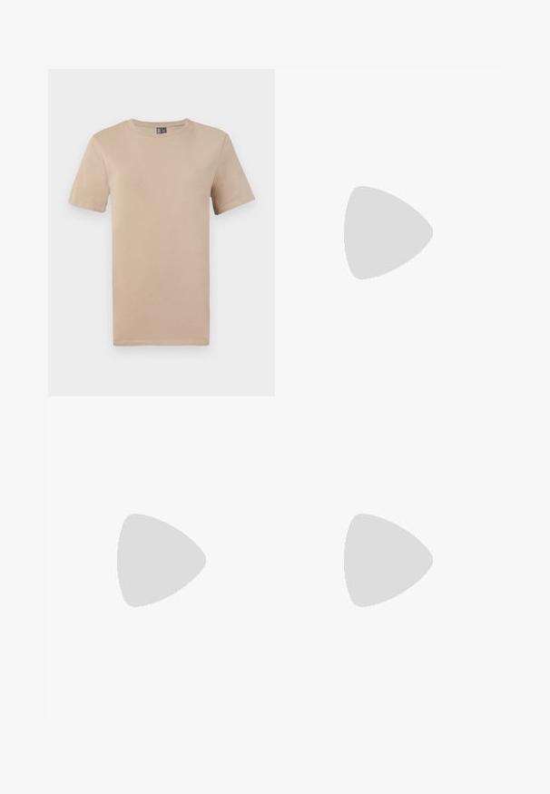 Beige cotton t-shirt with short sleeves and a round neckline. Smooth texture, lightweight fabric, and no visible patterns or accents.; White eyelet skirt with a scalloped hem. Features a gathered waistband and intricate pierced patterns throughout the fabric.; Black patent leather slingback high heel shoe with a pointed toe, rectangular block heel, and gold-tone hardware accent.; White leather shoulder bag with a smooth finish, rectangular shape, flap closure, and an adjustable strap. Simple stitching detail.