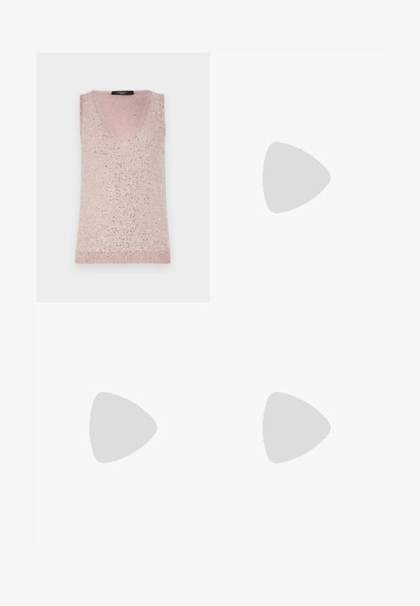 Haut sans manches en V couleur rose clair avec une texture côtelée, ornée de paillettes argentées dispersées pour une touche étincelante.; Jupe en sequins roses avec une taille lisse, présentant une surface texturée et un design en A longueur genoux. Les sequins réfléchissants créent un effet scintillant.; Sandale à talon bloc en cuir blanc avec une bride de cheville à boucle et un design minimaliste. Bout ouvert et textures lisses sur l'ensemble.; Sac tissé marron et jaune, de forme rectangulaire, avec deux poignées, et une finition texturée avec des coutures visibles et une étiquette de marque.