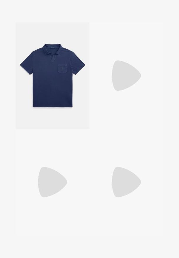 Navy blue polo shirt made of cotton, featuring a folded collar, short sleeves, and a chest pocket with a small logo detail.; White linen shorts with a button closure, featuring a relaxed fit, straight cut, and no visible patterns or accents. Smooth texture.; Beige suede moccasin shoe with a stitched toe, slip-on design, and black rubber sole. Features subtle branding on the side.; Navy blue scarf with gray graphic of a polo player on horseback, featuring fringed edges.