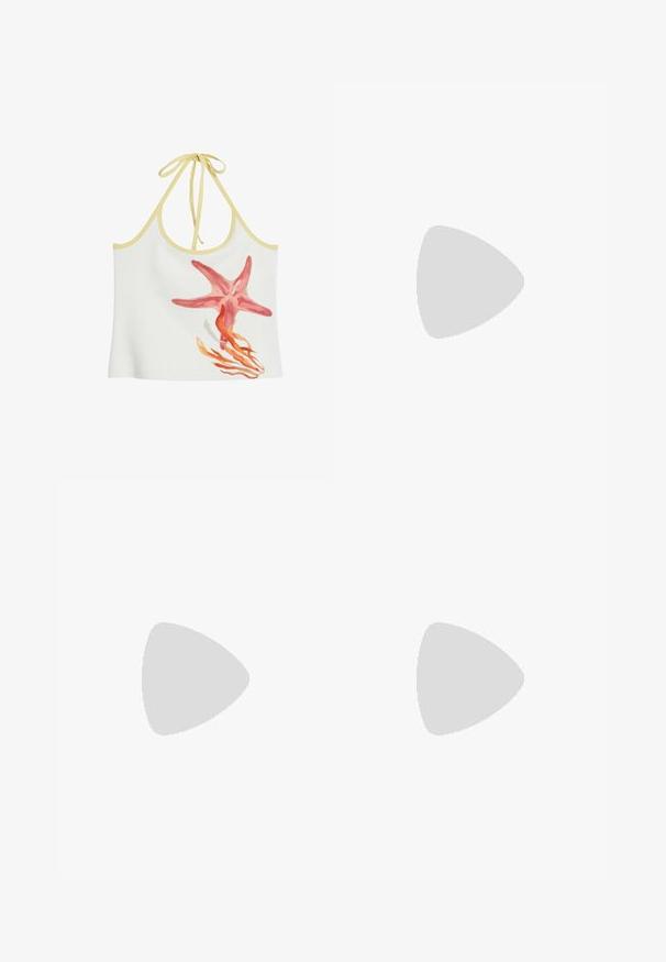 Desigual STARFISH KNOTTED  - Felső - beige; Kék virágmintás boxeralsó, árnyalatok keverékével, testhezálló fazonban, fekete Adidas logóval a derékpánton.; Átlátszó lila műanyag szandál, zárt orral, nyitott hátsó részel és állítható pánttal. Jellemzője a vízszintes és függőleges kivágások.; Áttetsző sárga kerettel és zöld árnyalatú lencsékkel rendelkező napszemüveg. Sarokkal ellátott dizájn, széles templomokkal, fehér inggel viselve, amely zöld kiemelésekkel rendelkezik.