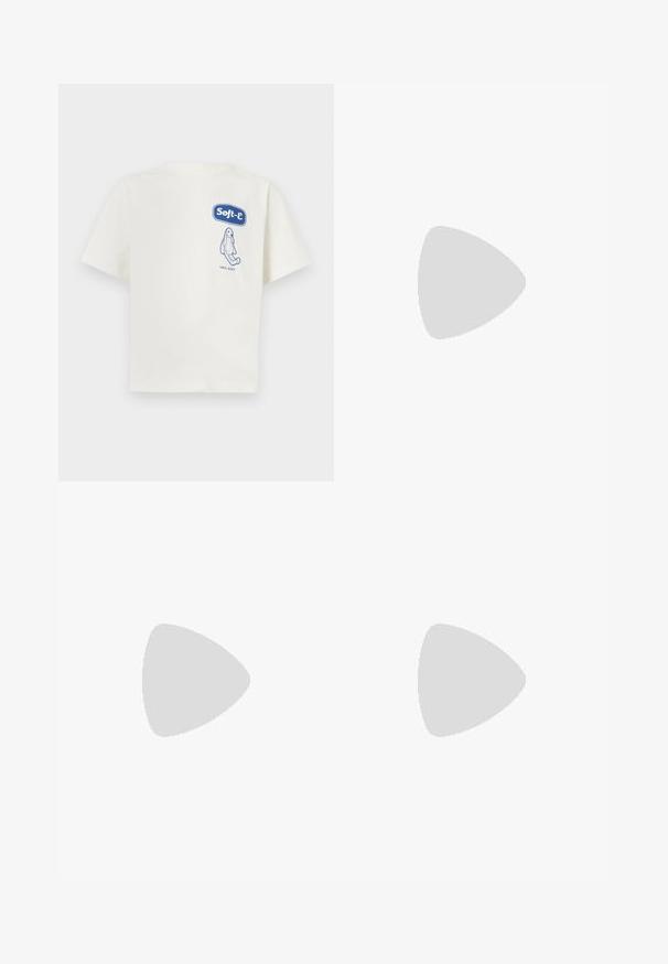 Cream-colored cotton T-shirt with short sleeves. Features a blue graphic "Soft-e" logo and illustration, labeled “100% SOFT.”; Gray patterned trousers with a smooth texture, featuring a flat front and a brown leather accent on the waistband. Tailored fit with straight legs.; White sneaker with suede accents, rounded toe, flat laces, and a cream rubber sole. Features green branding on the heel.; Black leather crossbody bag with a zippered front pocket, embossed logo, and adjustable strap. Smooth texture with a structured shape.