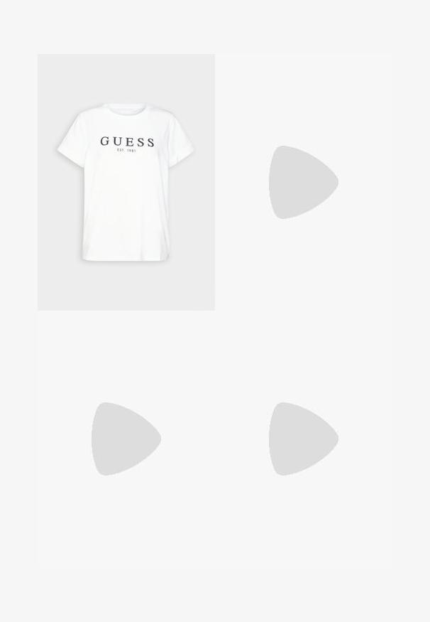 White cotton t-shirt featuring a crew neck, short sleeves, and black text "GUESS EST. 1981" centered on the front. Simple design.; Light blue denim jeans with a straight-cut design, five-pocket style, and front metal button closure. Slightly distressed texture.; White leather sneakers with a thick white sole, black suede heel accent, and embossed logo on the side. Laced design with six eyelets.; Silver hoop earrings with a smooth, shiny finish. Rounded shape, lightweight design, featuring a post-back closure.