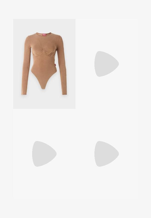 Brown long-sleeve bodysuit with a rounded neckline and gathered bust design. Made from smooth fabric, features a thong bottom and small logo tag.; Black denim jeans with a straight cut, featuring five pockets and subtle stitching details. The fabric has a smooth texture and minimal fading.; White leather sneakers with a thick white sole, black suede heel accent, and embossed logo on the side. Laced design with six eyelets.; Silver hoop earrings with a smooth, shiny finish. Rounded shape, lightweight design, featuring a post-back closure.